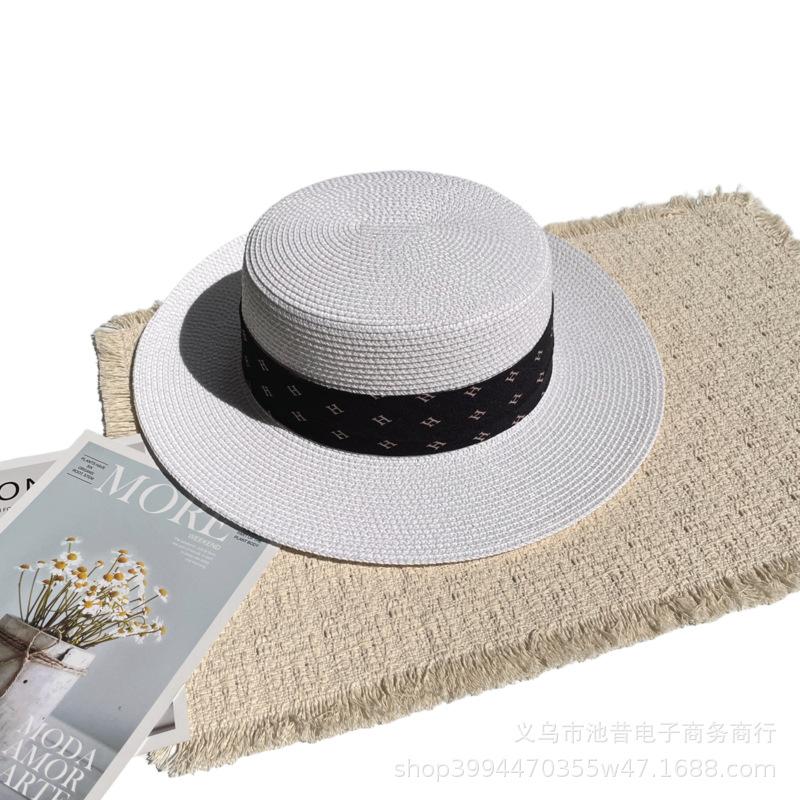 Small fresh letter webbing flat top straw hat female summer seaside photo shoot sun protection shade sand sun hat male