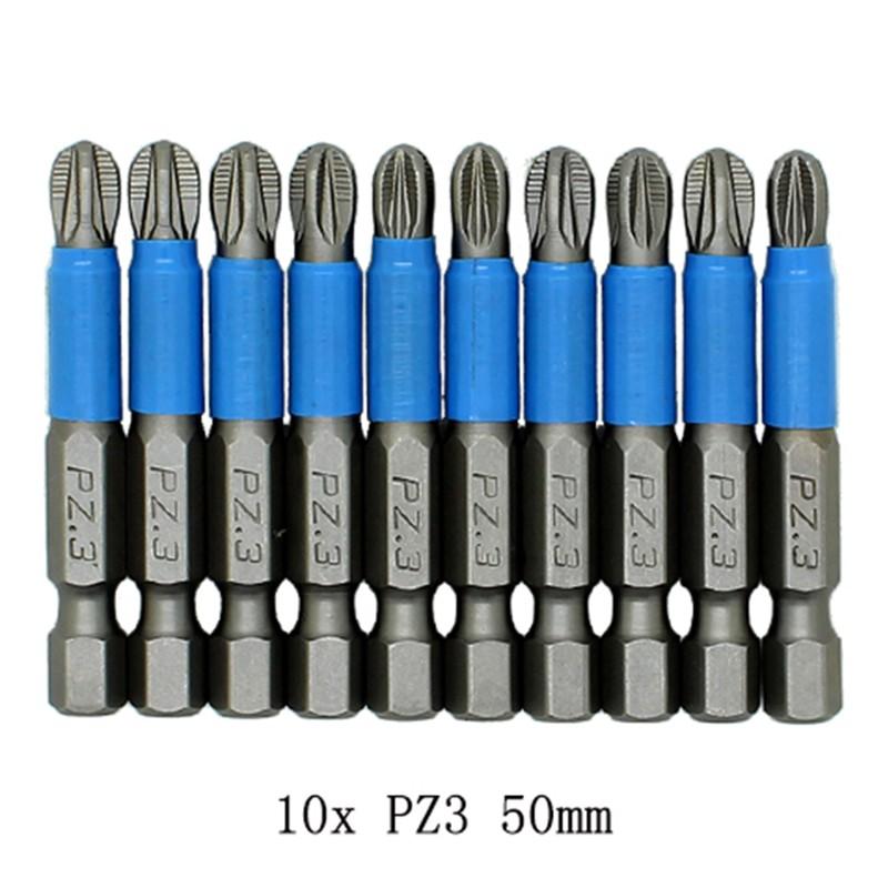 Magnetic Screwdriver Bits PH1/PH2/PH3/PZ1/PZ2/PZ3 Alloy Steel 10pcs 50mm