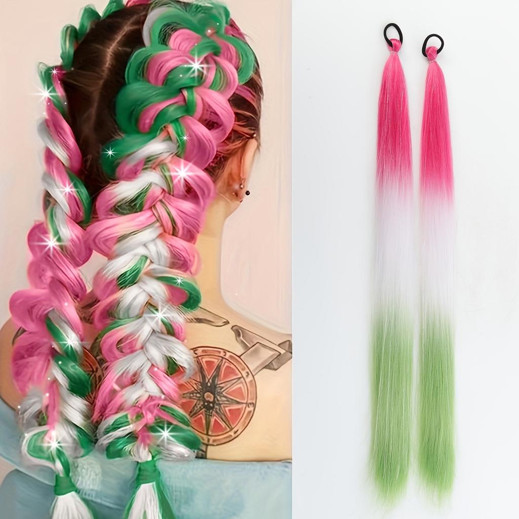 Synthetische Regenbogen Lametta Zöpfe Haarverlängerungen 26 Zoll Doppelte Pferdeschwänze Mädchen DIY Rave Party Ausgefallene Haaraccessoires