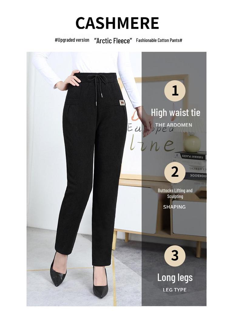 Mom's Winter Style High Waist Corduroy Cotton Pants for Middle-Aged and Elderly Women - Loose, Plus Velvet, Straight Leg