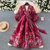 Gorgeous Flower Print Chiffon Lantern Sleeve Splice Bandage Lace Up Wrap Dress Women's Cross V-Neck Thick Satin Boho Party Clothing