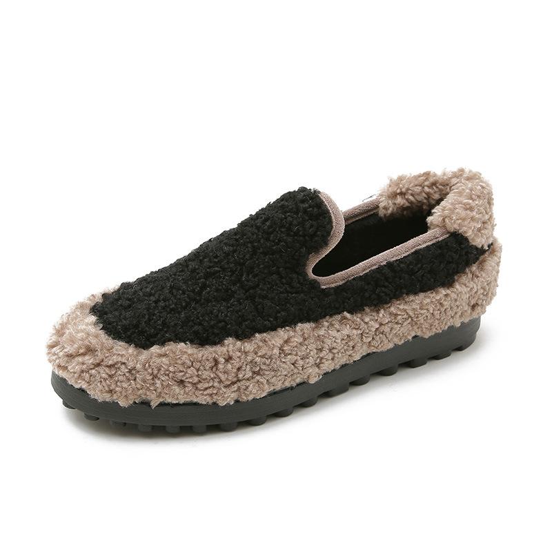 Mixed Color Lambfur Flat Shoes Woman Thicken Padded Warm Plush Winter Loafers Round Toe Anti -Slip Rubber Flats Furry Espadrilles