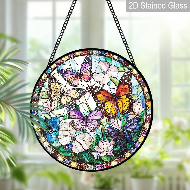 2D Flat, 1pc Butterflies & Flowers Round 7.87in Glass Suncatcher, Colorful Butterflies & Flowers Print Window Hanging Ornament, Vibrant Nature Home