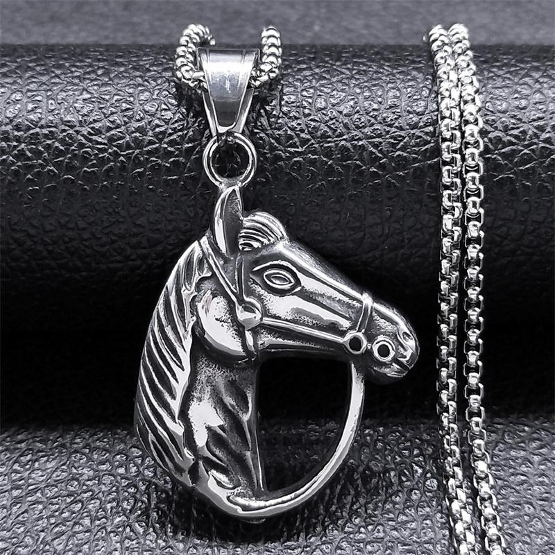 Stainless Steel Horse Head Necklace Pendant Silver Color Vintage Horses Lover Gift Accessories Jewelry Collier Homme NZZ372S02