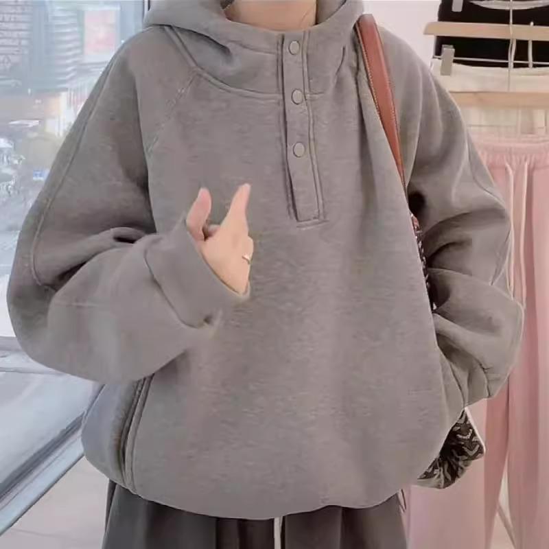 Women's Gray Fleece-Lined Hoodie - 2025 New Style, Autumn/Winter Casual, Loose Fit, Versatile Thick Outerwear