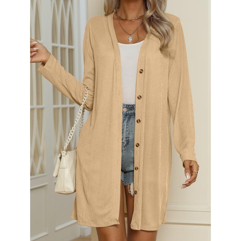 Damen Einfarbige Knopfleiste Langarm Locker Lässig Langer Cardigan