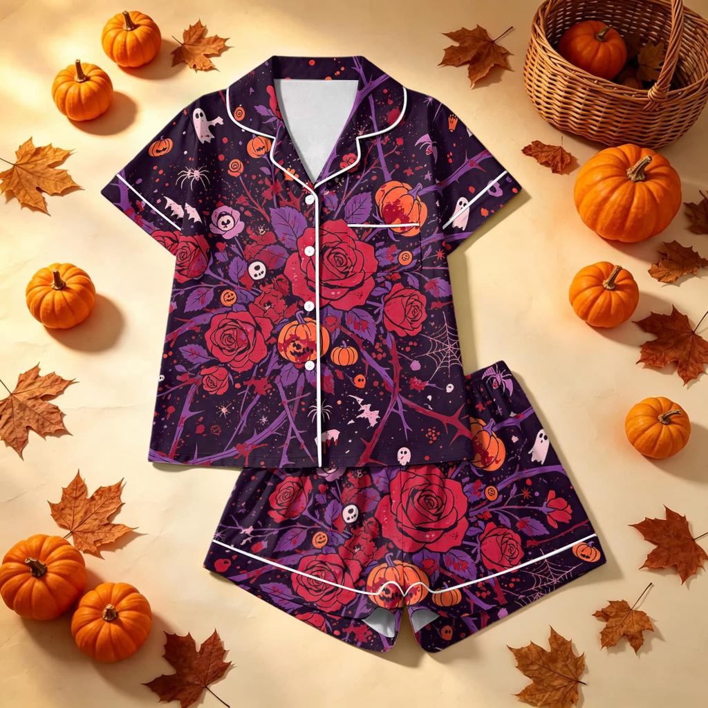 Women's Halloween Printed Pajama Two-Piece Set - Comfortable Sleepwear for Home & Sleep
