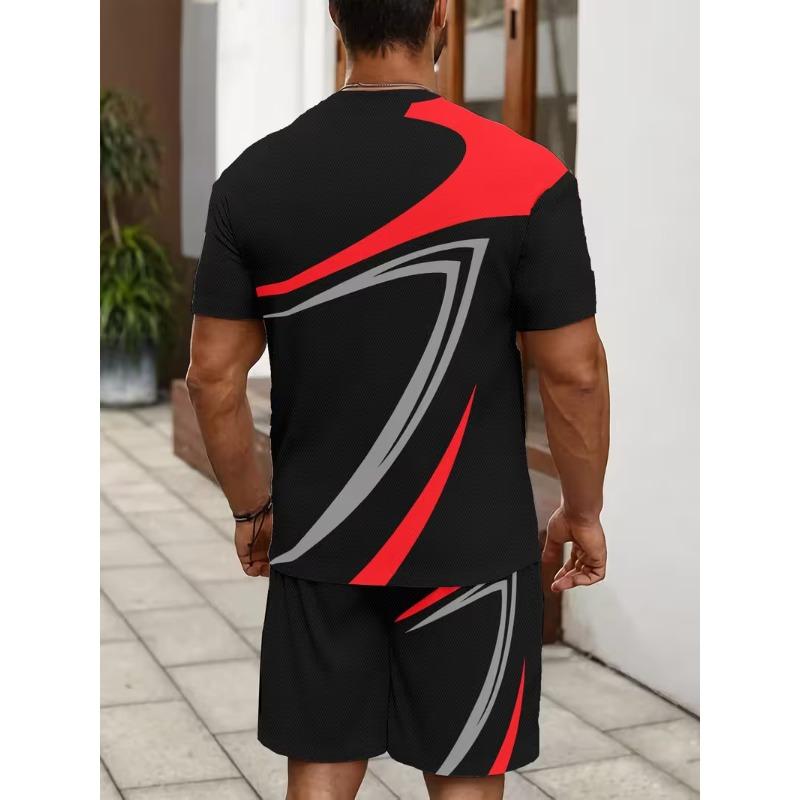 Men's O Neck Short Sleeved Shorts Set Summer Fashion Casual Sports Sets 3D Stripe Printed 2-piece Set