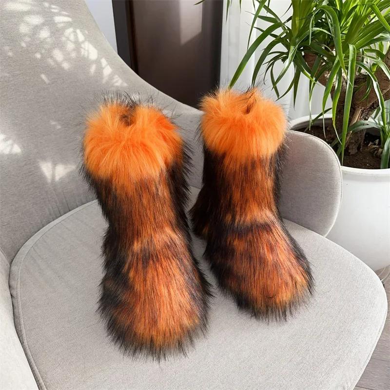 Fashion New Winter Fur Onepiece Raccoon Fur Female Snow Boots Fur Shoes Outdoor Mid Leg Boots
