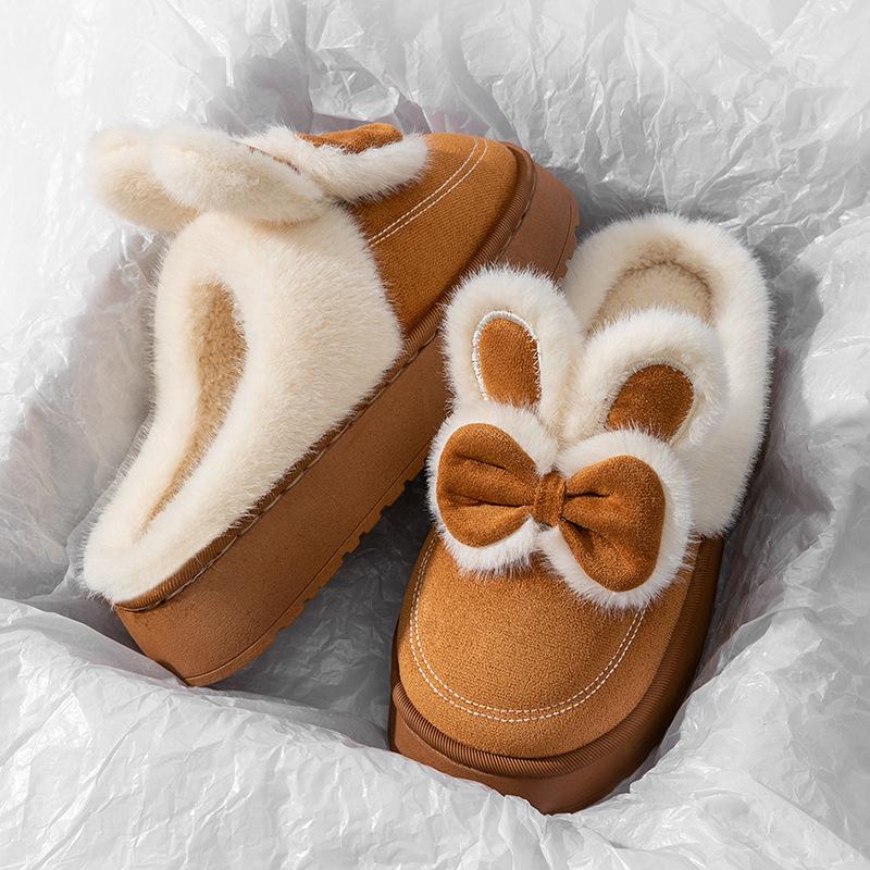 Bow style, thick-bottomed cotton slippers, autumn and winter home indoor velvet, non-slip, warm and comfortable plush cotton mop
