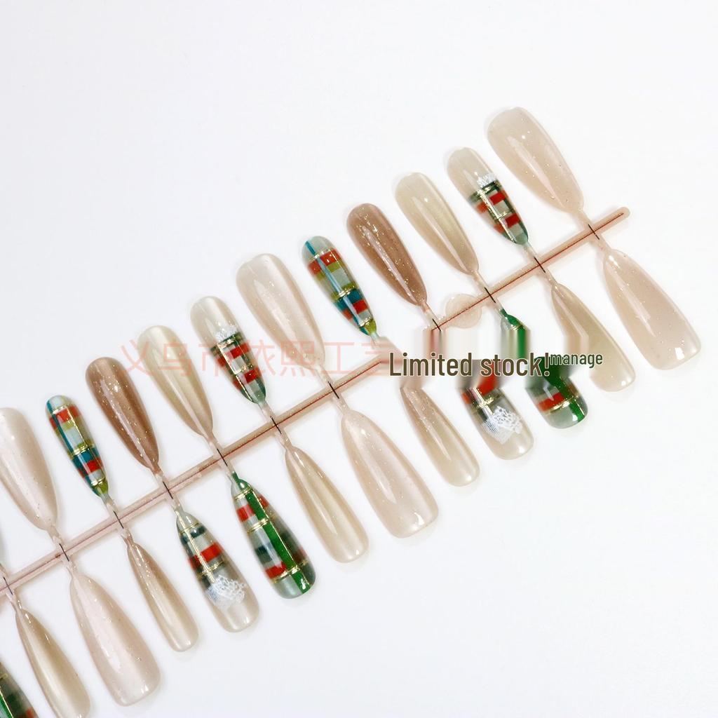 Festive Snowflake Cat Eye Plaid Wearable Nails - Pre-made Nail Tips Set