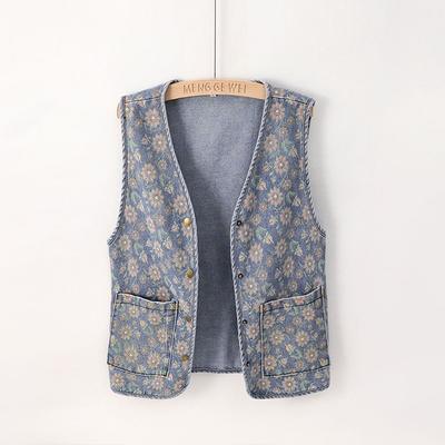 Gilet sans manches en coton pour femme, gilet en jean tricoté, imprimé surdimensionné, gilet décontracté à boutons