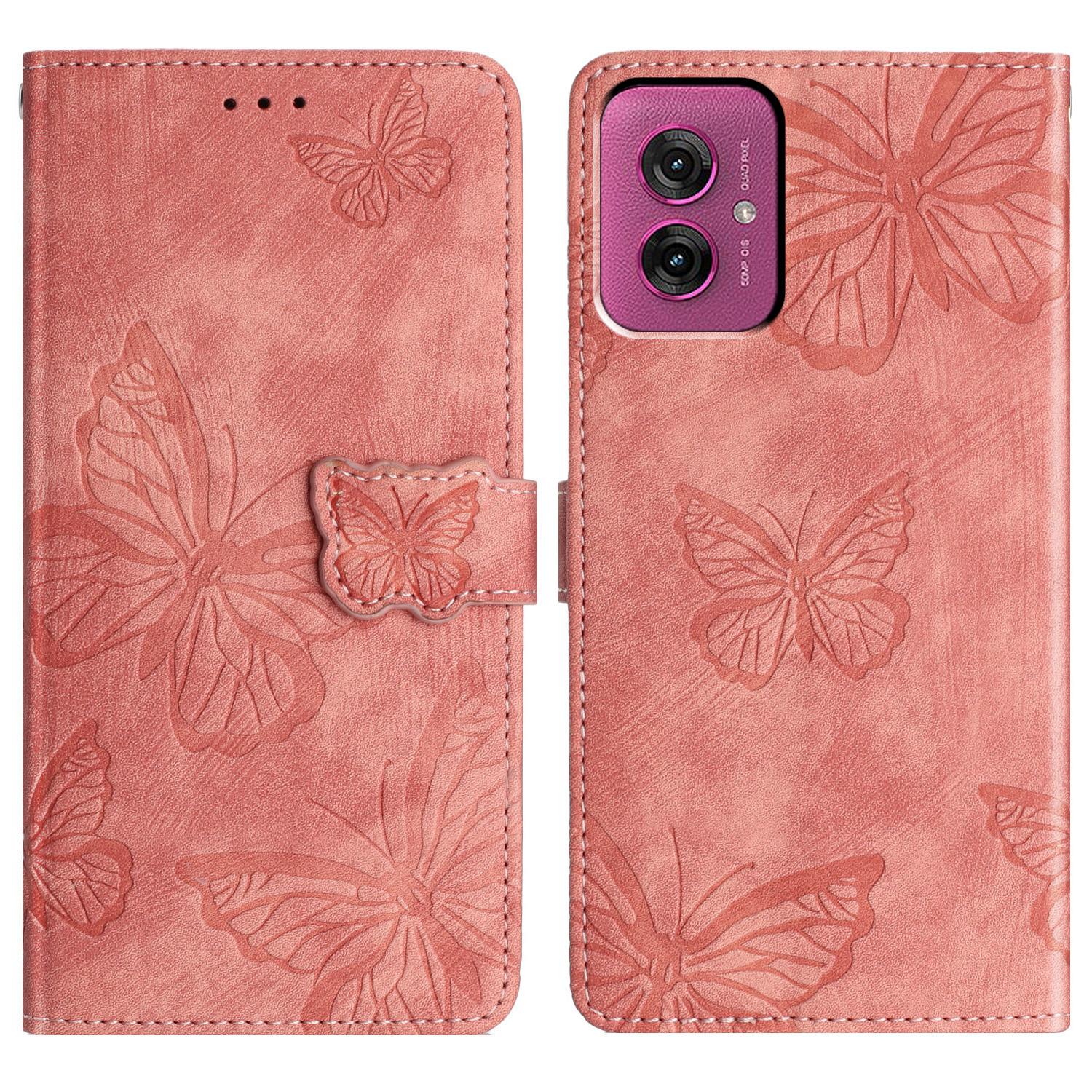 

For Motorola Moto G55 5G Case Butterfly Design Flip Wallet Leather Phone Cover Skin-Touch Pink