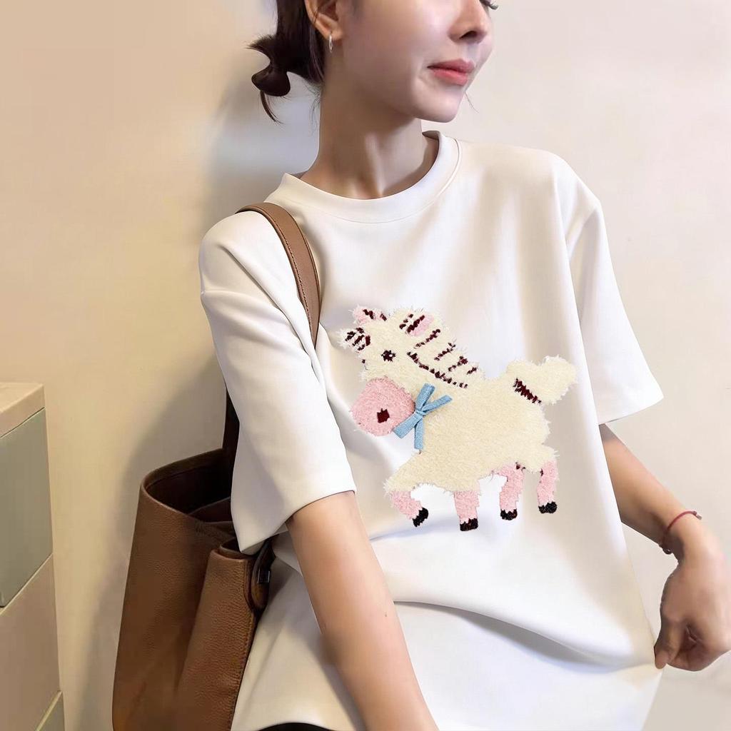 2026 Korean Retro Short Sleeve Women's T-Shirt with Small Horse Print - Trendy Round Neck Half Sleeve Top