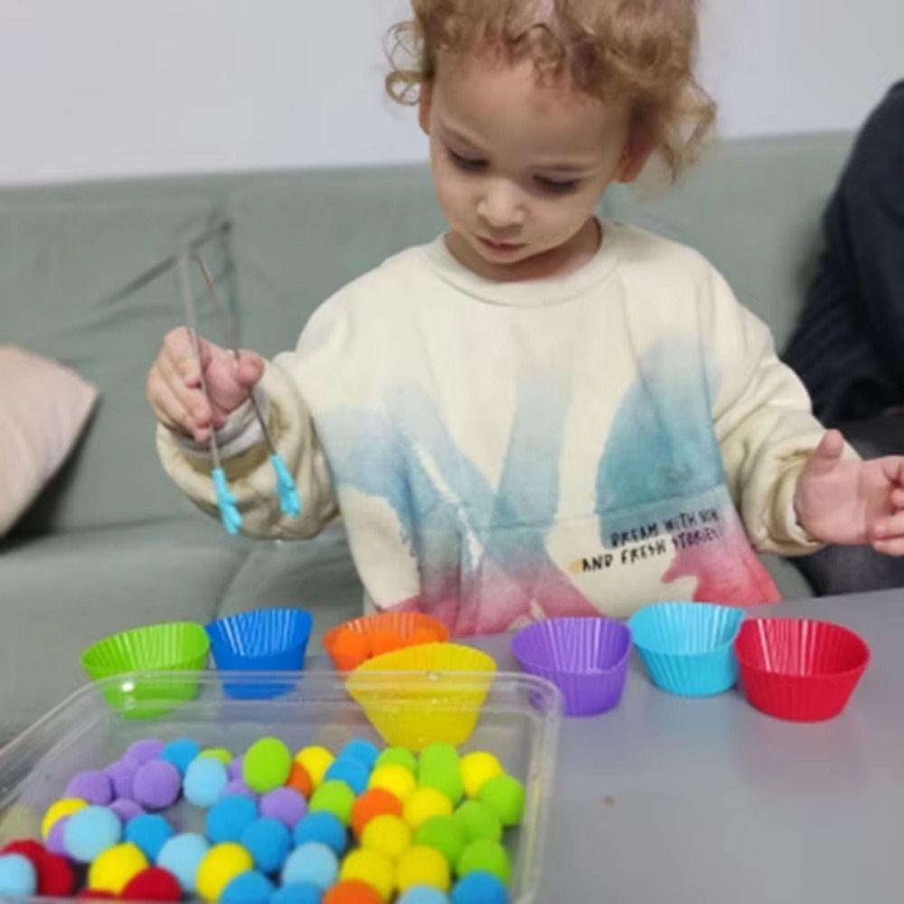 Colorful Early Education Toy Rainbow Counting Pompoms Pompoms Tweezers Toy Kids Early Education