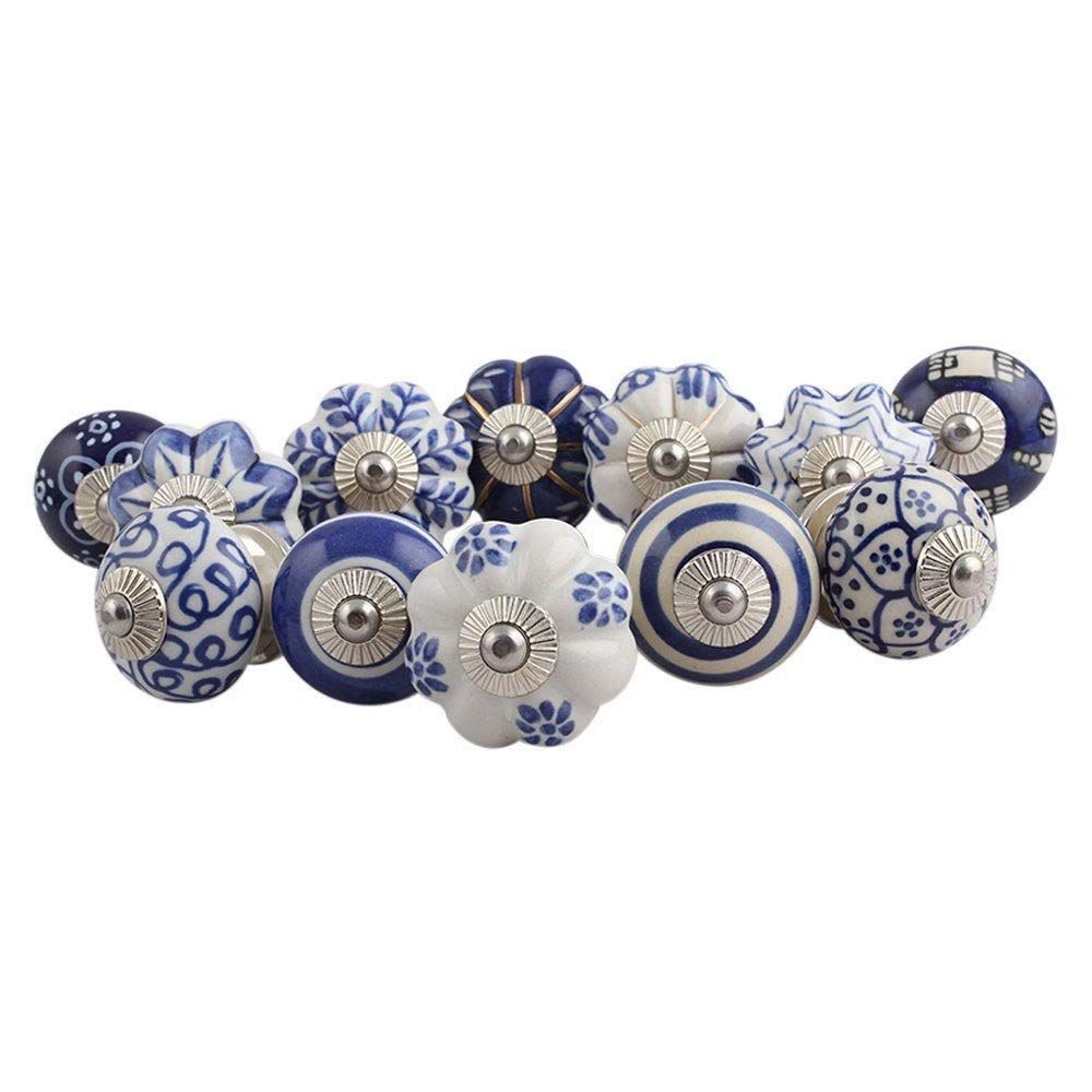 

Ceramic Vintage Assorted Blue Pottery Drawer, Door Knobs and Pulls Handle for Kitchen Cabinets Home Interior (10, Blue) - Pack of 10