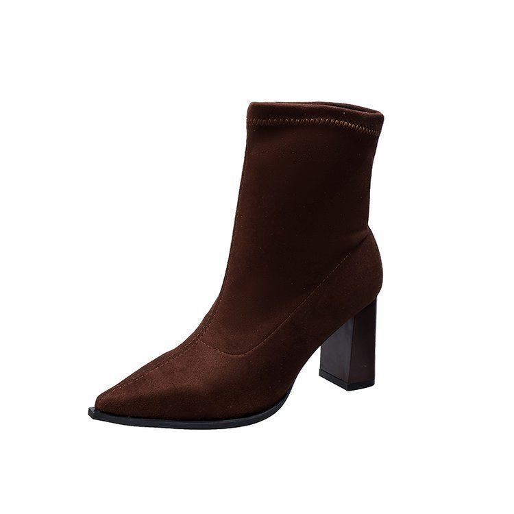 Commuter Temperament French High-heeled Short Boots Women's 2025 New Suede Martin Boots Pointed Thick Heel Elastic Thin Boots