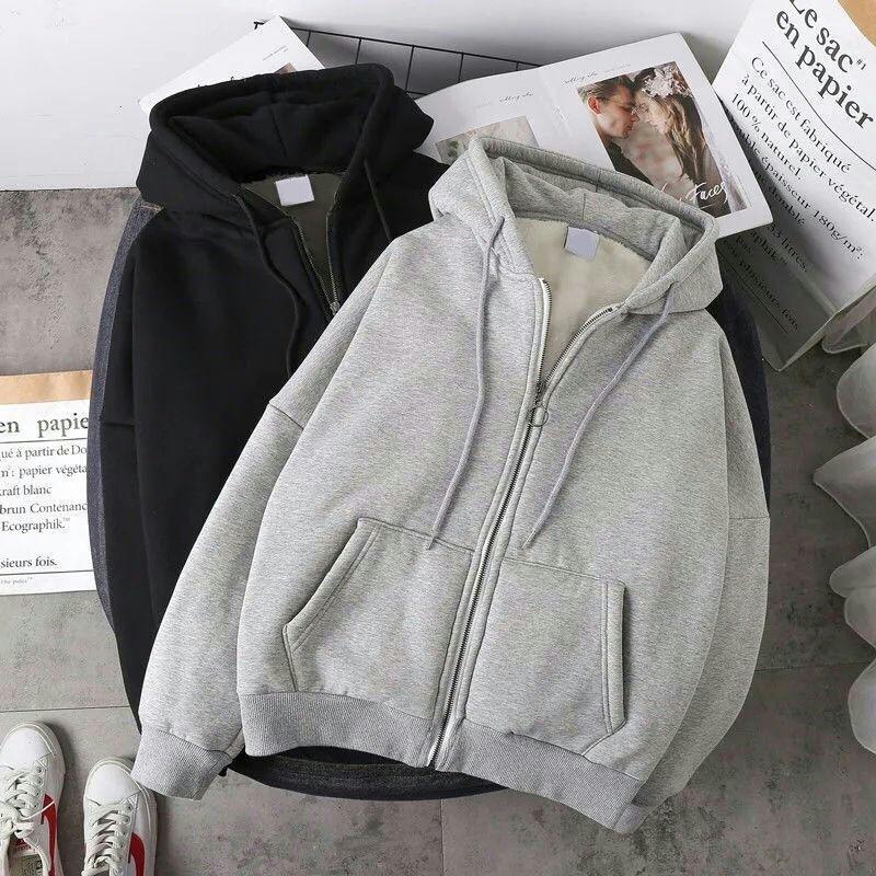 Men's/Women's Warm Plus Velvet Hooded Cardigan - Thick, Loose-Fit, Solid Color Zipper Sweater for Fall/Winter