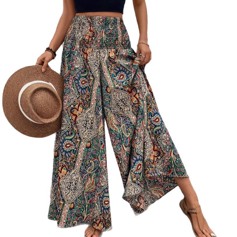 2025 Bohemian Wide-Leg Pants: Retro Colorful Print, Casual High-Waisted Loose Fit