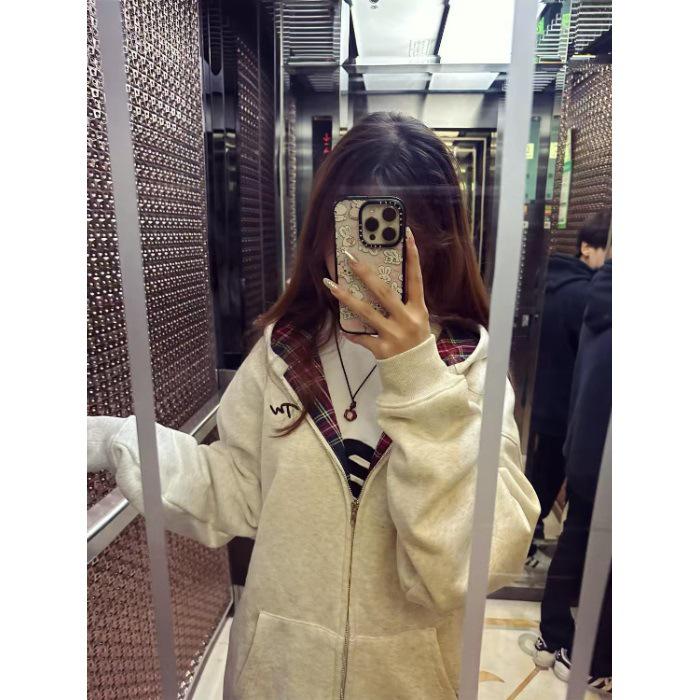 Women s American Retro Plaid Zipper Hooded Sweatshirt - Patchwork Autumn/Winter Casual Loose Cardigan Jacket. Medium