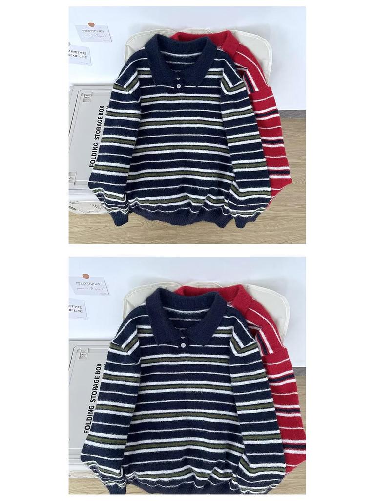 Men's Autumn/Winter High-End Retro Polo Collar Striped Mink Fur Sweater