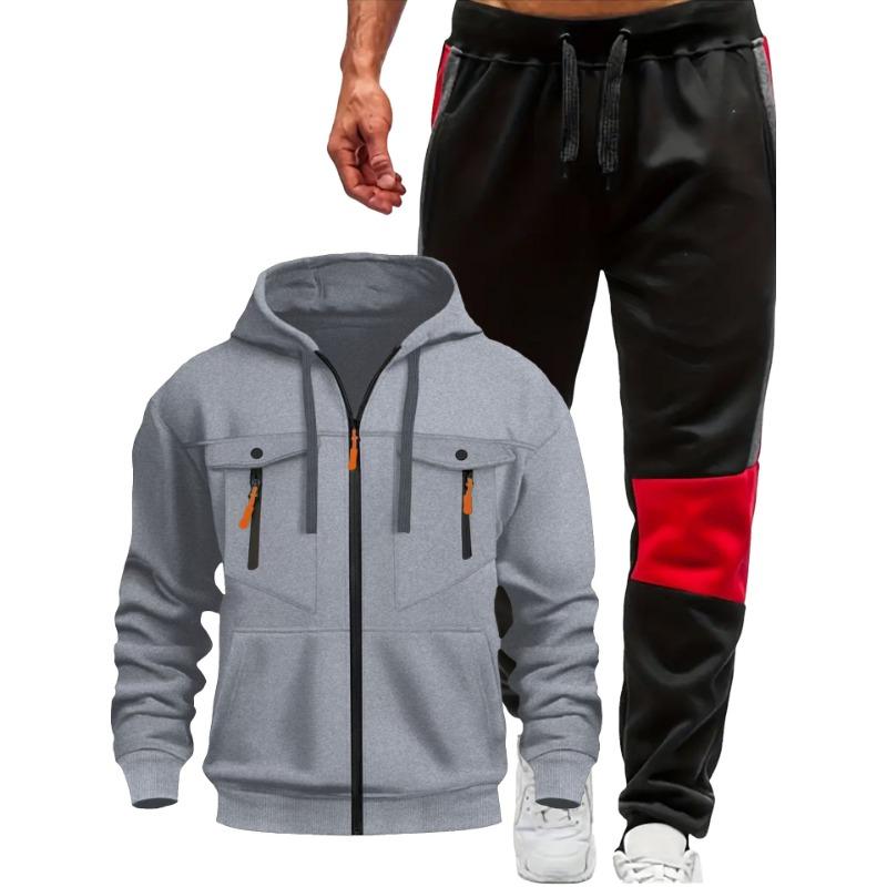 Men's Multi-Pocket Long Sleeve Zip Casual Hoodie Set