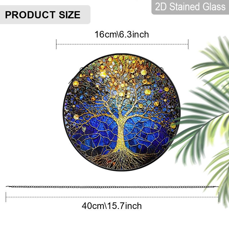 

2D Flat Stained Glass Elegant Tree of Life Window Decoration, 6.3/7.87inches Colored Glass Plate with Chain, Charming Indoor/Outdoor Sun Catcher Home 6.3inch