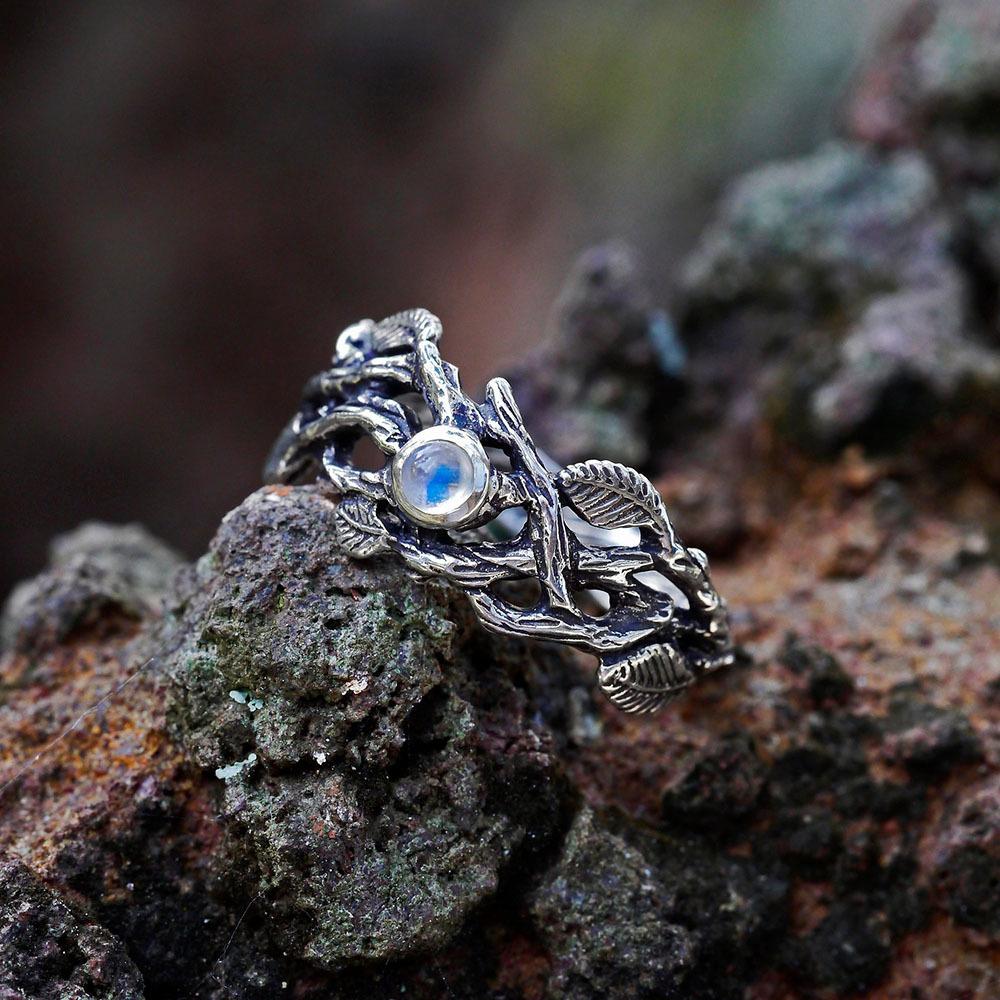 WOSIKATE Vintage Creative Branch Thai CopperRing For Women Fashion Jewellery With Synthetic Moonstone Thai CopperLeaf Ring