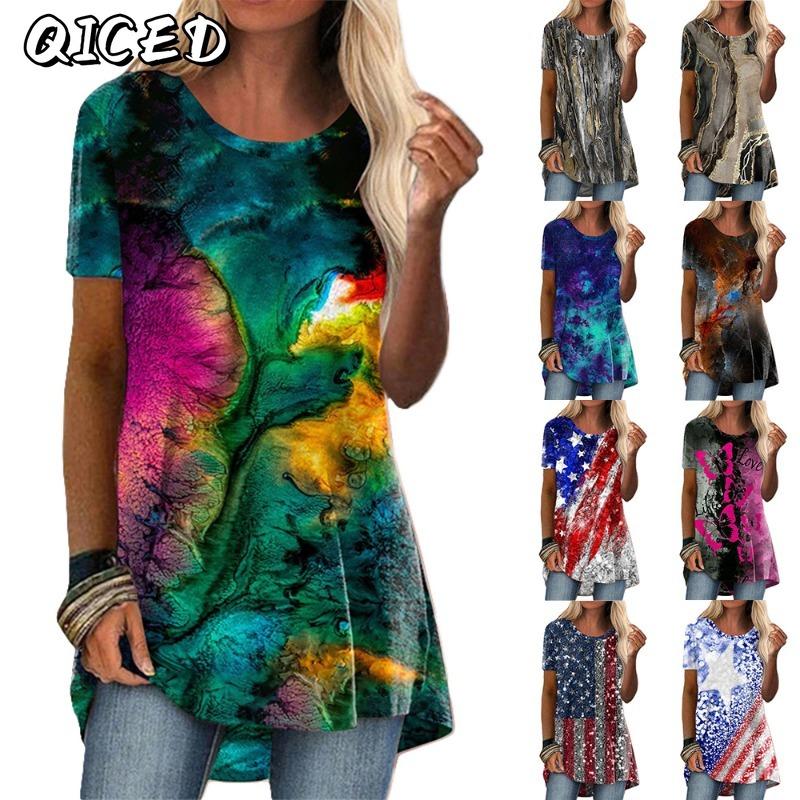 QICED Women's Fashion Casual Short Sleeve O-Neck Blouses & Shirts