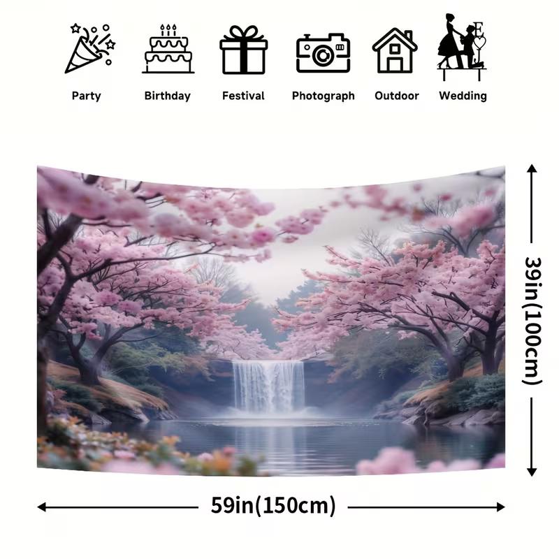 2D Sakura Waterfall Backdrop Cherry Blossom Lake Background