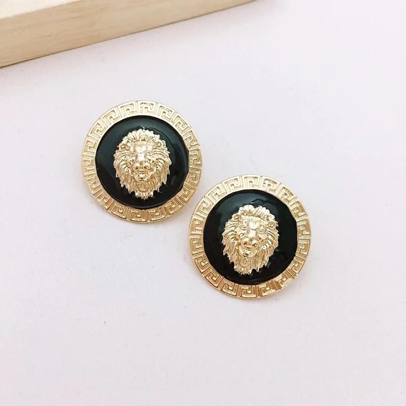 Embossed Pattern Enamel Lion Head Stud Earring for Women Round Earrings Post Hip Hop Exaggerated Earring Jewelry