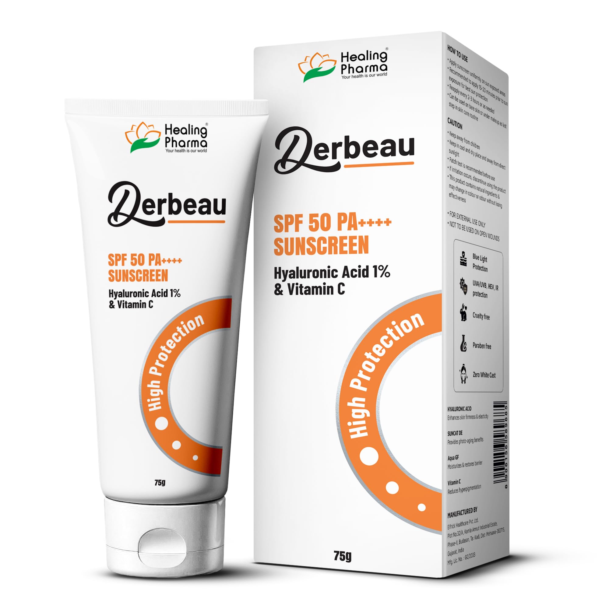 Healing Pharma - Солнцезащитный крем Derbeau SPF 50 PA++++ с 1% гиалуроновой кислоты и витамином C | Защита от UVA/UVB и синего света широкого спектра | Не оставляет белых следов