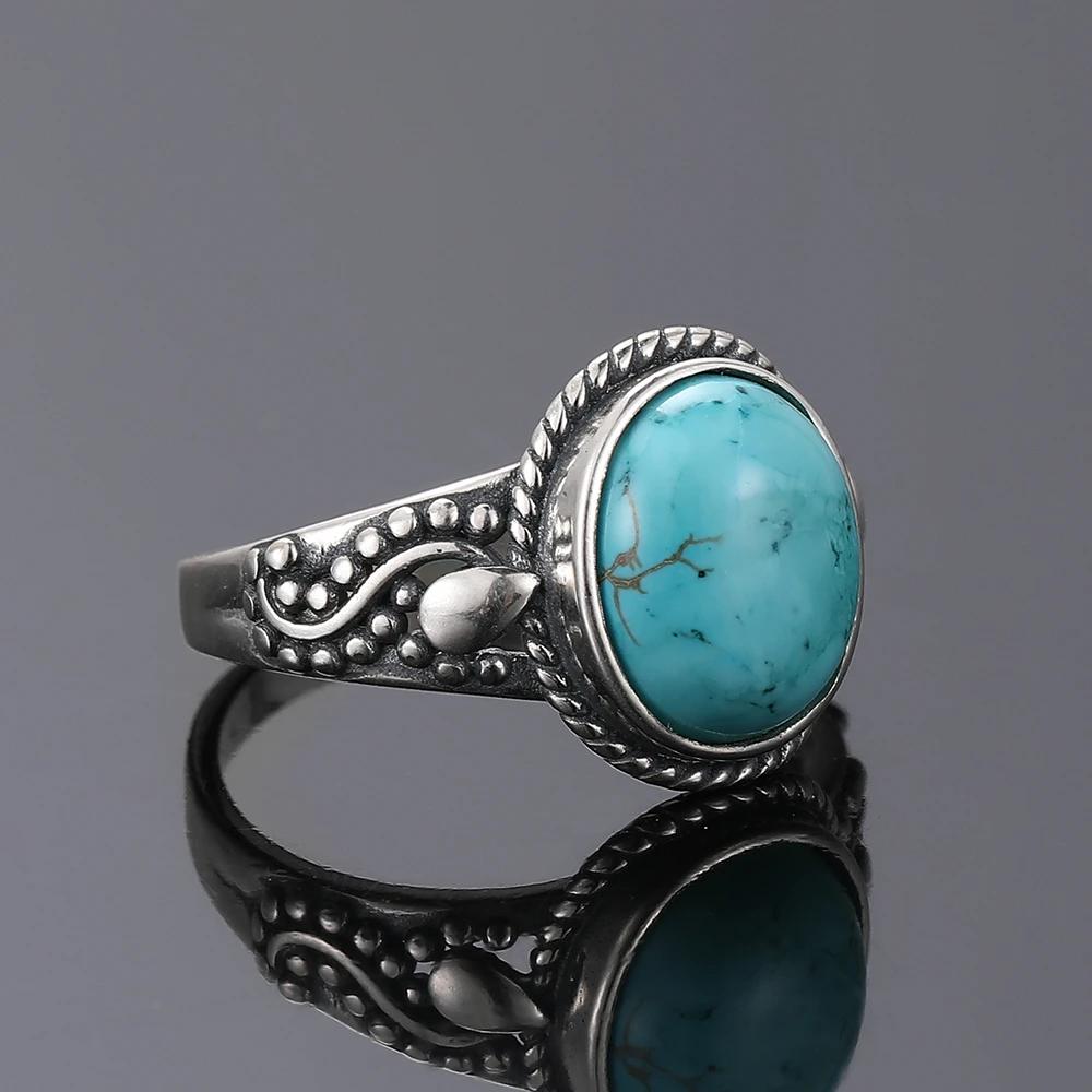 S925 Silver Oval Natural Turquoise Ring for Men and Women