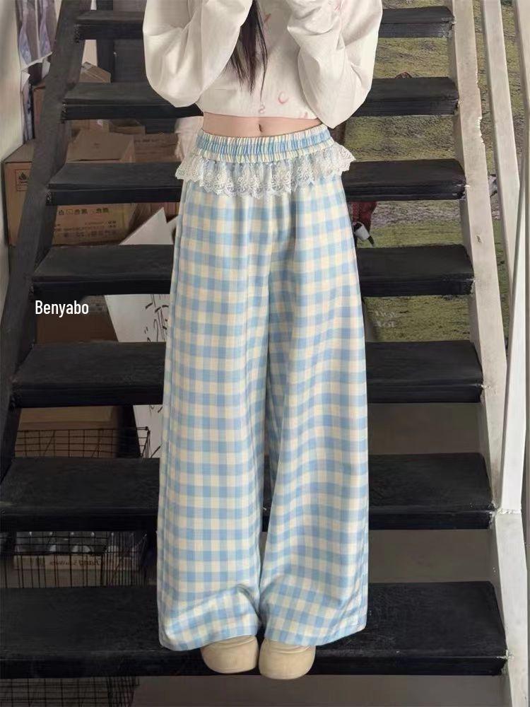

Женские брюки широкие от бедра в синюю клетку с кружевной отделкой: Высокая посадка, Свободный крой, Весна/Осень 2025 2X Large