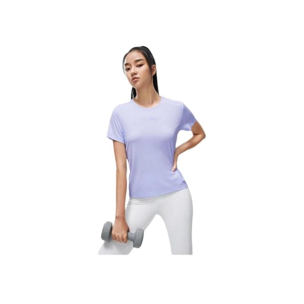 Li Ning Fitness Series Solid Color Sports Short Sleeve T-Shirt Women Tops Light-Blue ATST580-2