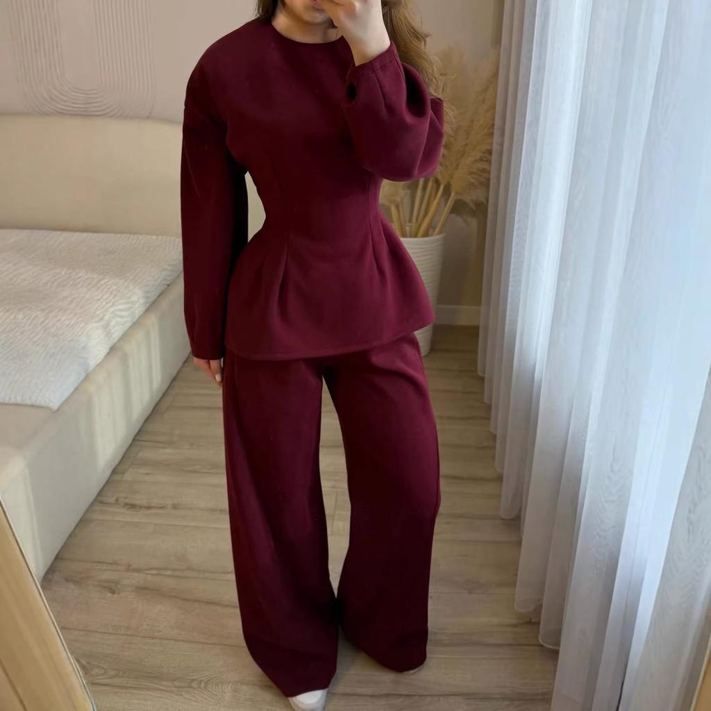 Cross-border European and American Women's Clothing Amazon Crew Neck Long-sleeved Waist Top Sports Wide-leg Pants Casual Suit