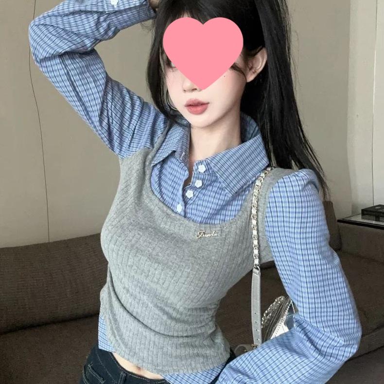 Women's Plaid Layered Shirt: Trendy College Style, Age-Reducing Two-Piece for Autumn/Winter, Featuring Inner Vest and Base Layer.