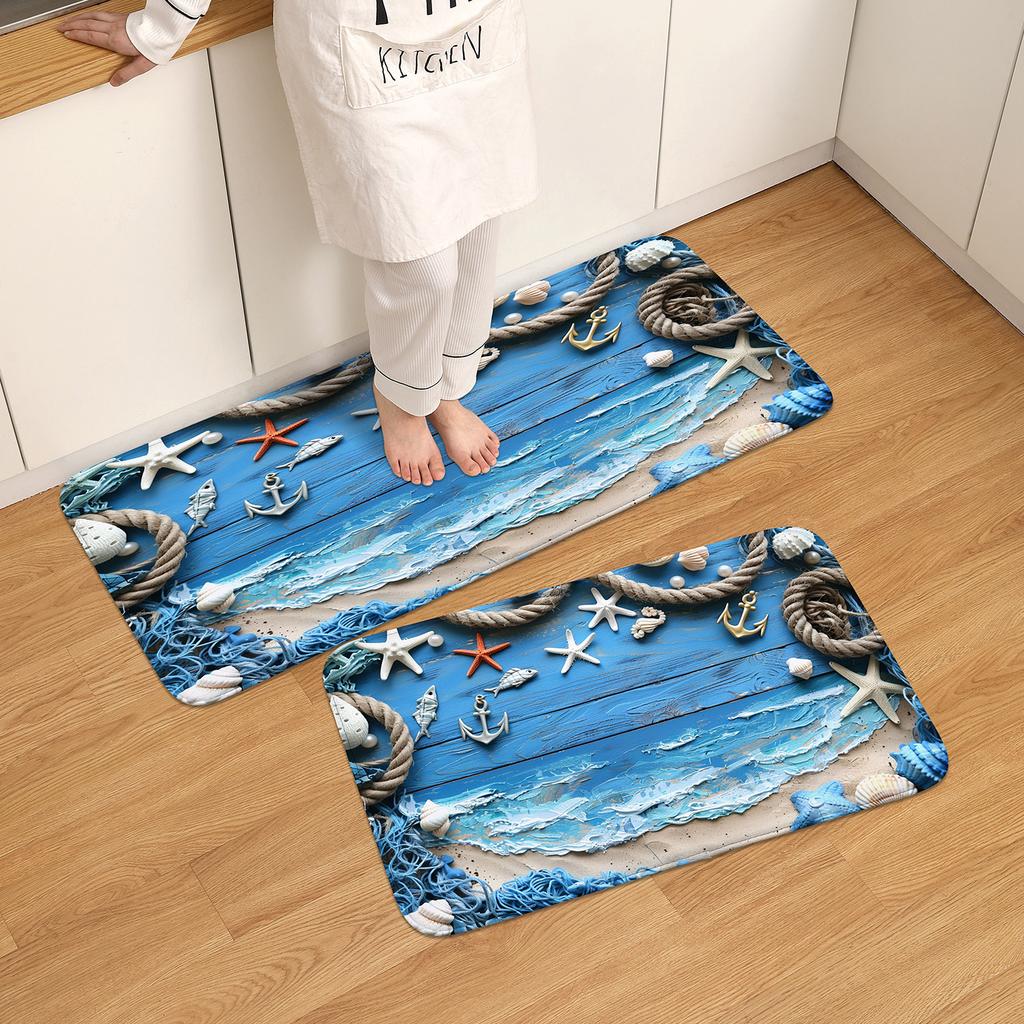 1 Blue Coast Wood Stripe Rope, Starfish Pattern Carpet, Long Kitchen Floor Mat, Machine Washable Bathroom Floor Mat, Kitchen Mat