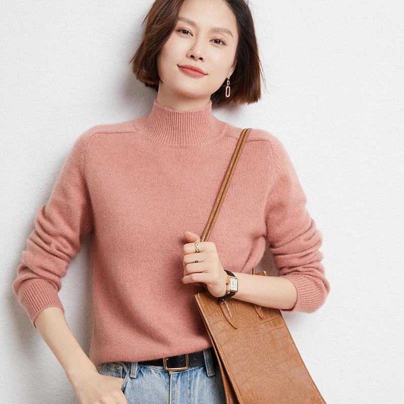 Women's 100% Wool Thickened Saddle Shoulder Sweater – Soft and Warm Half-High Neck Knitwear for Autumn and Winter