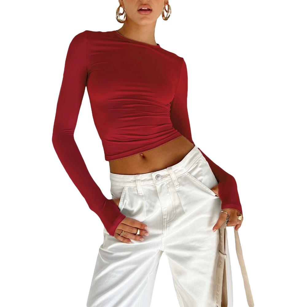 O Neck Long Sleeve Shirt Women Basic Solid TShirt Casual Tank Tops Fashion Crop Top Ladies Tee Sexy Y2k Streetwear
