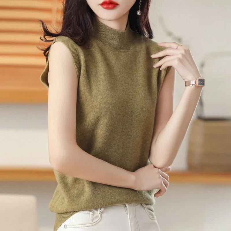 Women's Autumn Half-High Neck Knit Top with Sleeveless Pullover T-Shirt Layering