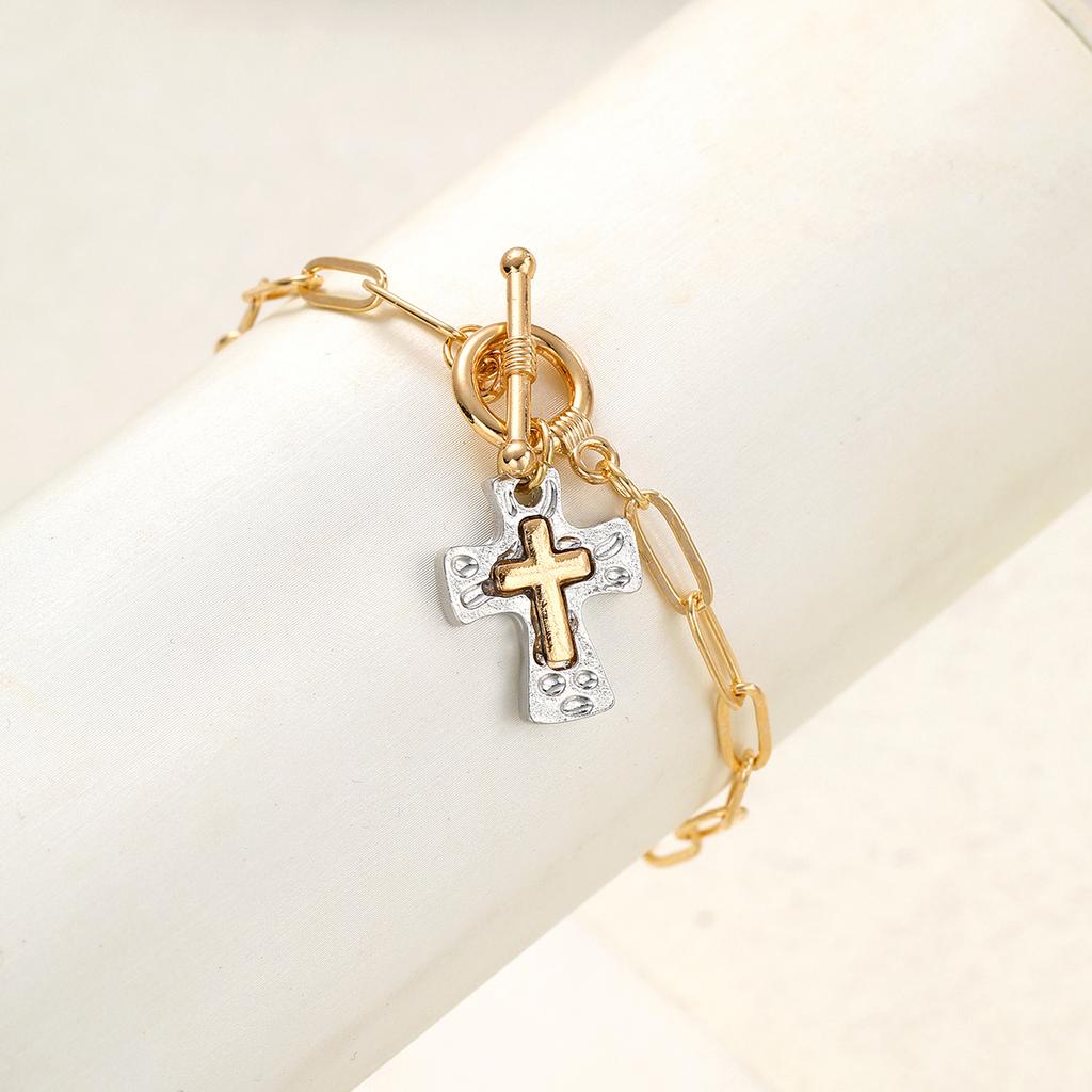 Golden a Women'S European and American Retro Style Cross Bracelet OT Buckle Two-Color Hammered Pendant Flat Chain Niche