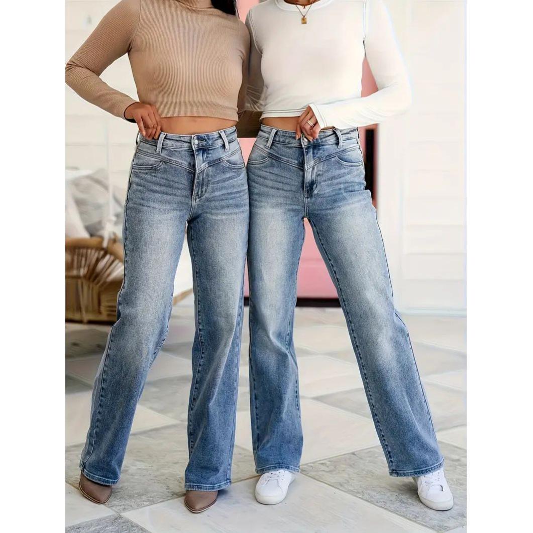 Plus Size Washed Denim Straight Leg Stretch Jeans for Women XXL