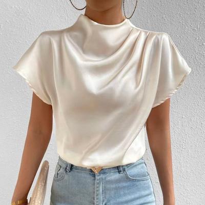 Topuri casual pentru femei, cu guler înalt, cu mânecă scurtă, tricou plisat, pulover, neted, din satin.