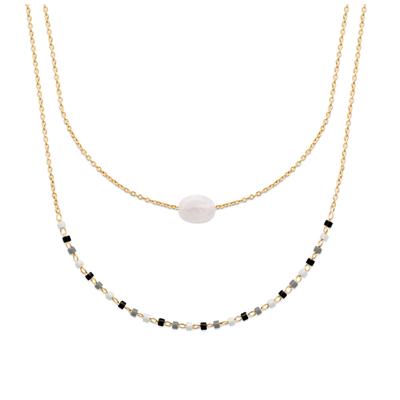 [R1106] - Gold-Plated 'Boho' Golden Moonstone Necklace (2 Rows) - 8x6 Mm