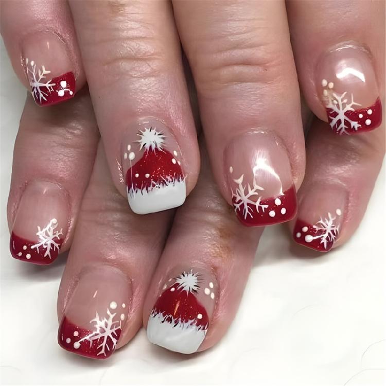 

24Pcs Short Square Press on Nail Christmas False Nails Elegant Fall Press on Nails French Tip Stick on Nails Snowflakes 1
