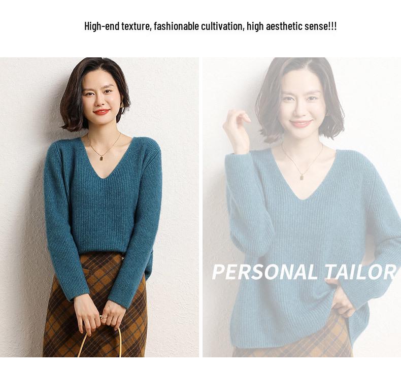 Women's 2025 Autumn/Winter V-Neck Cashmere Sweater: Solid Color, Loose Fit, Short, Long Sleeve Knit Base Layer