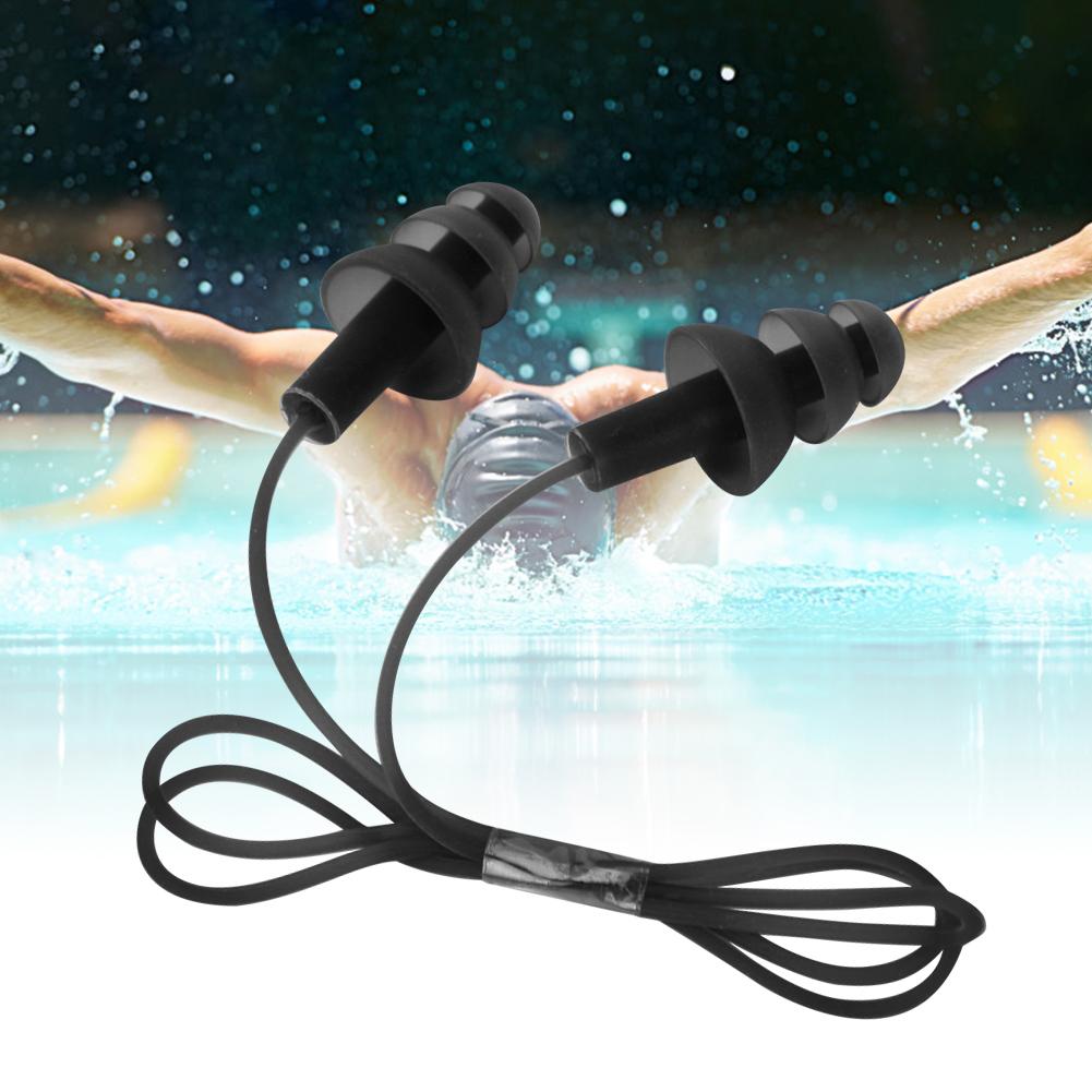 Waterproof Soft Silicone Corded Noise Prevention Swimming Earplugs Earmuff(Black)