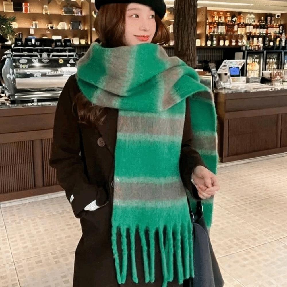 Colorful Tassel Shawl Plush Women Cape Fashion Stripe Wool Scarf Autumn