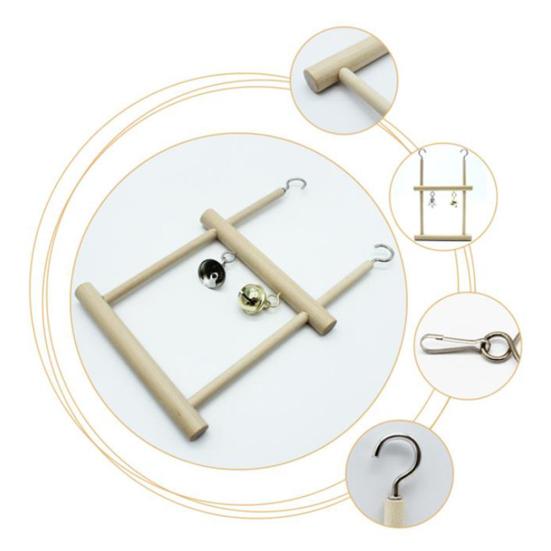 Pet Bird Parrot Wood Bell Stand Holder Hanging Swing Cage Molar Play Chew Toy